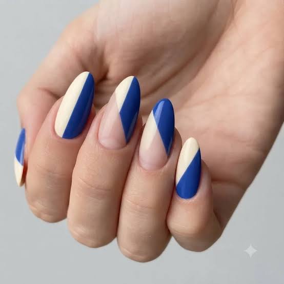 Cream Blue Geometric Color Block Almond Nails Cream Blue Geometric Color Block Almond Nails — Simple Looks Nail