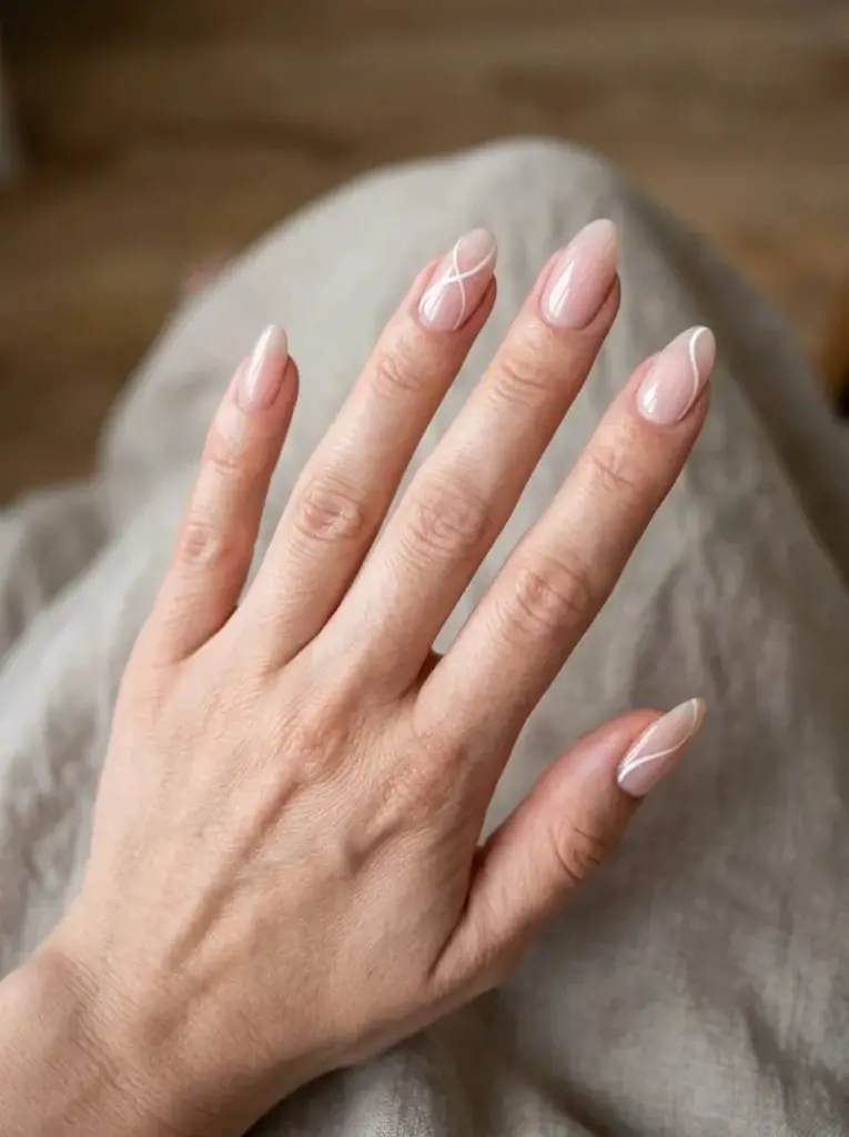 Nude Abstract Wavy Line Almond Nails Nude Abstract Wavy Line Almond Nails — Simple Looks Nail