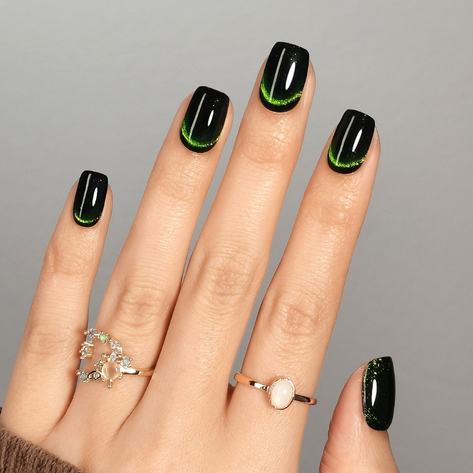 Emerald Green Cat Eye Nails | Square Press-Ons | SHANGMENG
