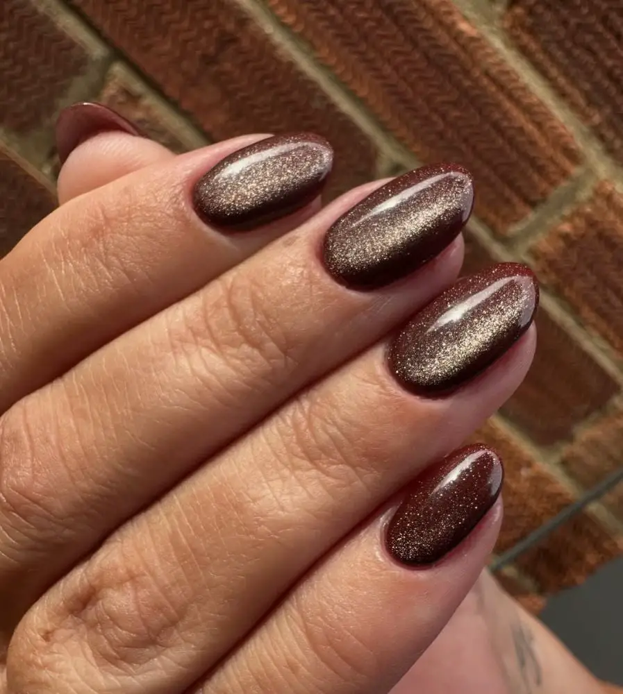 Medium Oval Dark Brown Gold Glitter Cat Eye — Simple Magnetic Nails