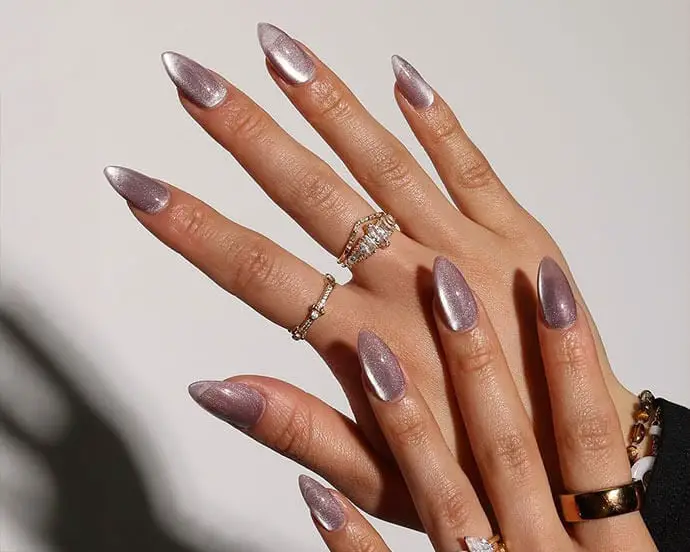 Long Almond Silver Taupe Cat Eye — Simple Magnetic Nails