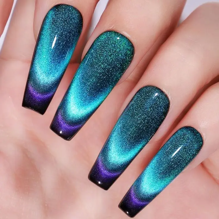 Long Coffin Teal Blue Purple Cat Eye — Simple Magnetic Nails
