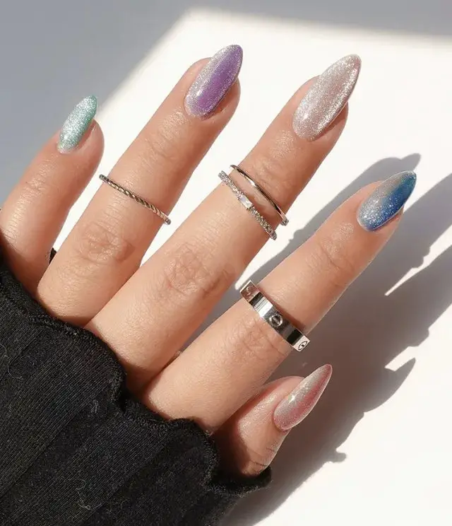 Medium Almond Multi-Color Cat Eye Gradient — Simple Magnetic Nails