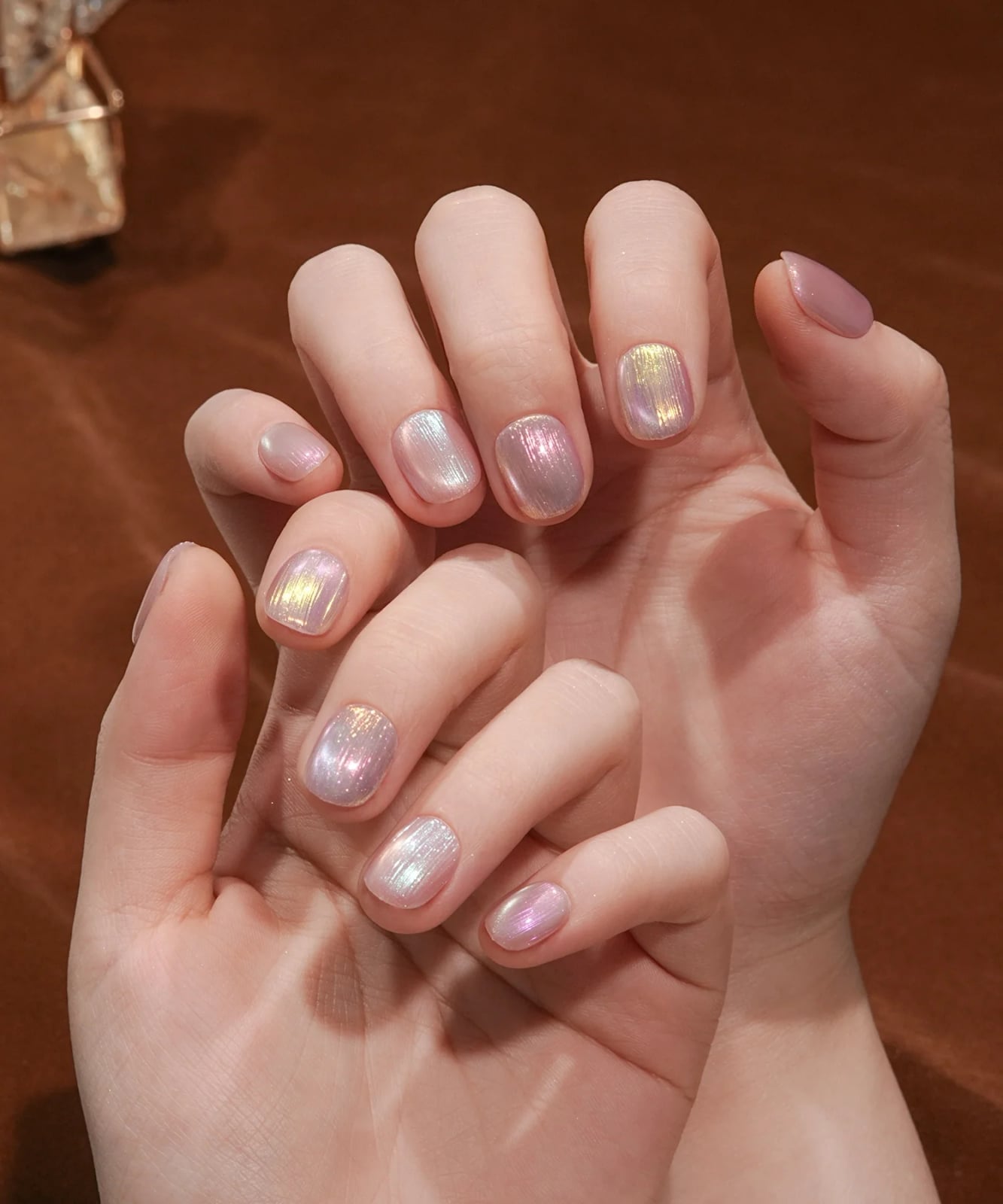 Short Round Iridescent Pink Gold White Nails — Simple Magnetic Nails