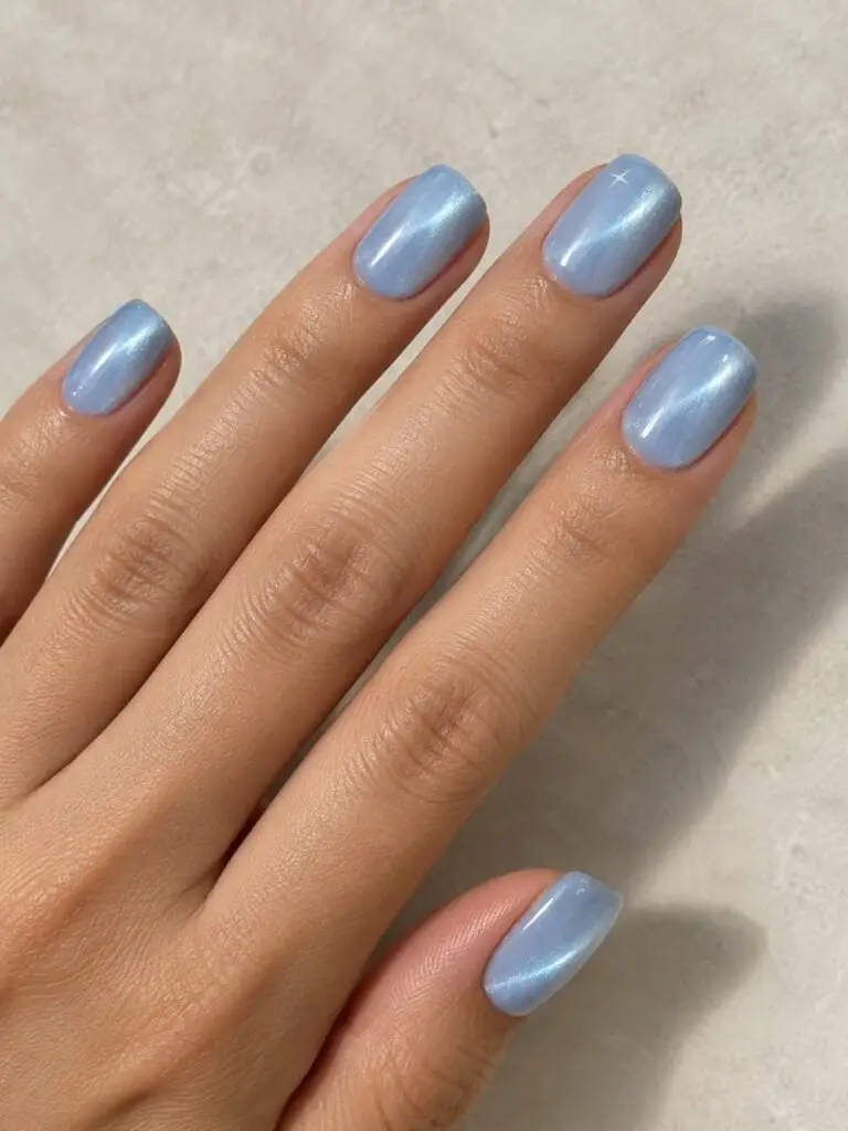 Short Soft Square Light Blue Cat Eye — Simple Magnetic Nails