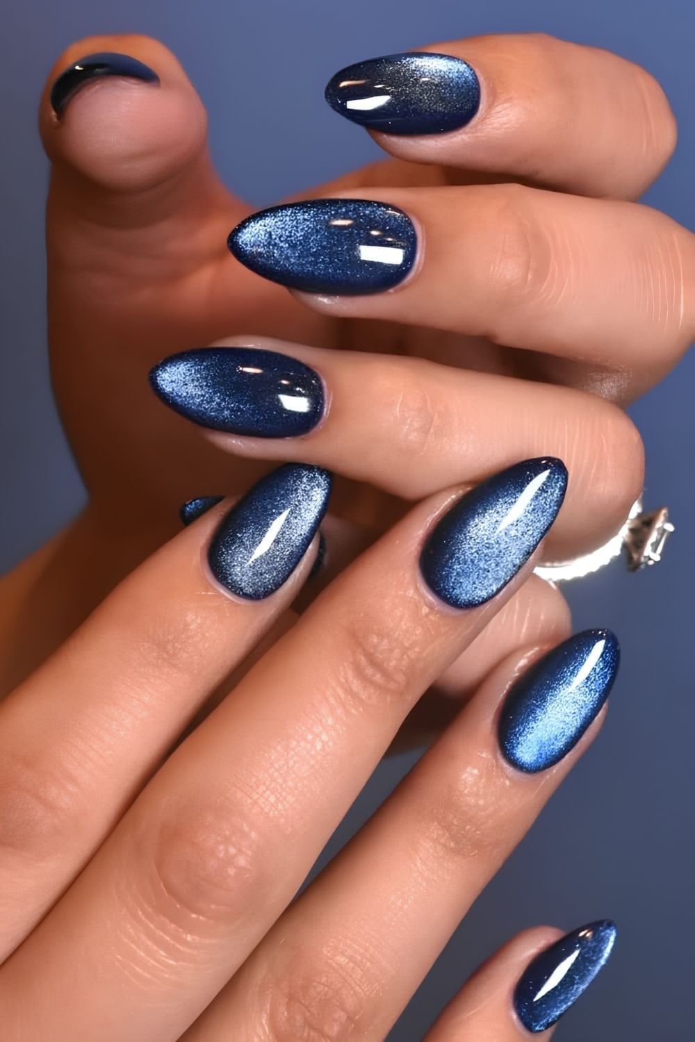 Short Almond Deep Blue Cat Eye — Simple Magnetic Nails