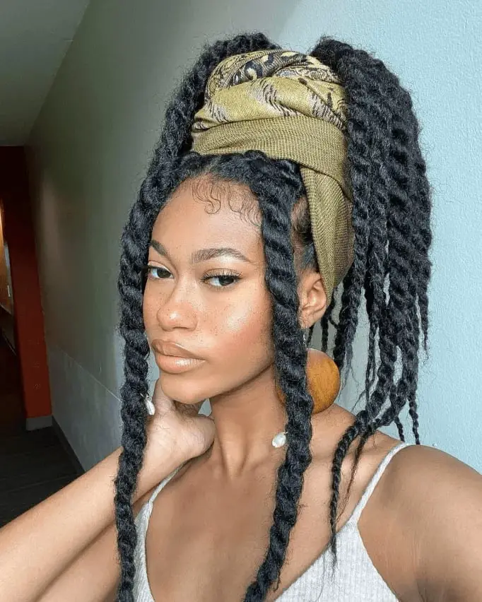 Mid-Back Twists Updo With Headwrap — Simple Marley Twists Hairstyles