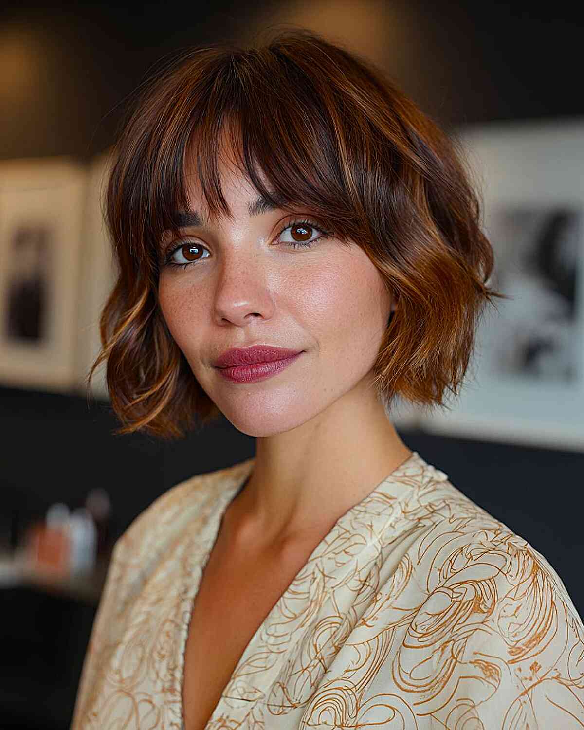 Auburn Bob Short Textured Bangs Auburn Bob Short Textured Bangs — Simple Medium Bob
