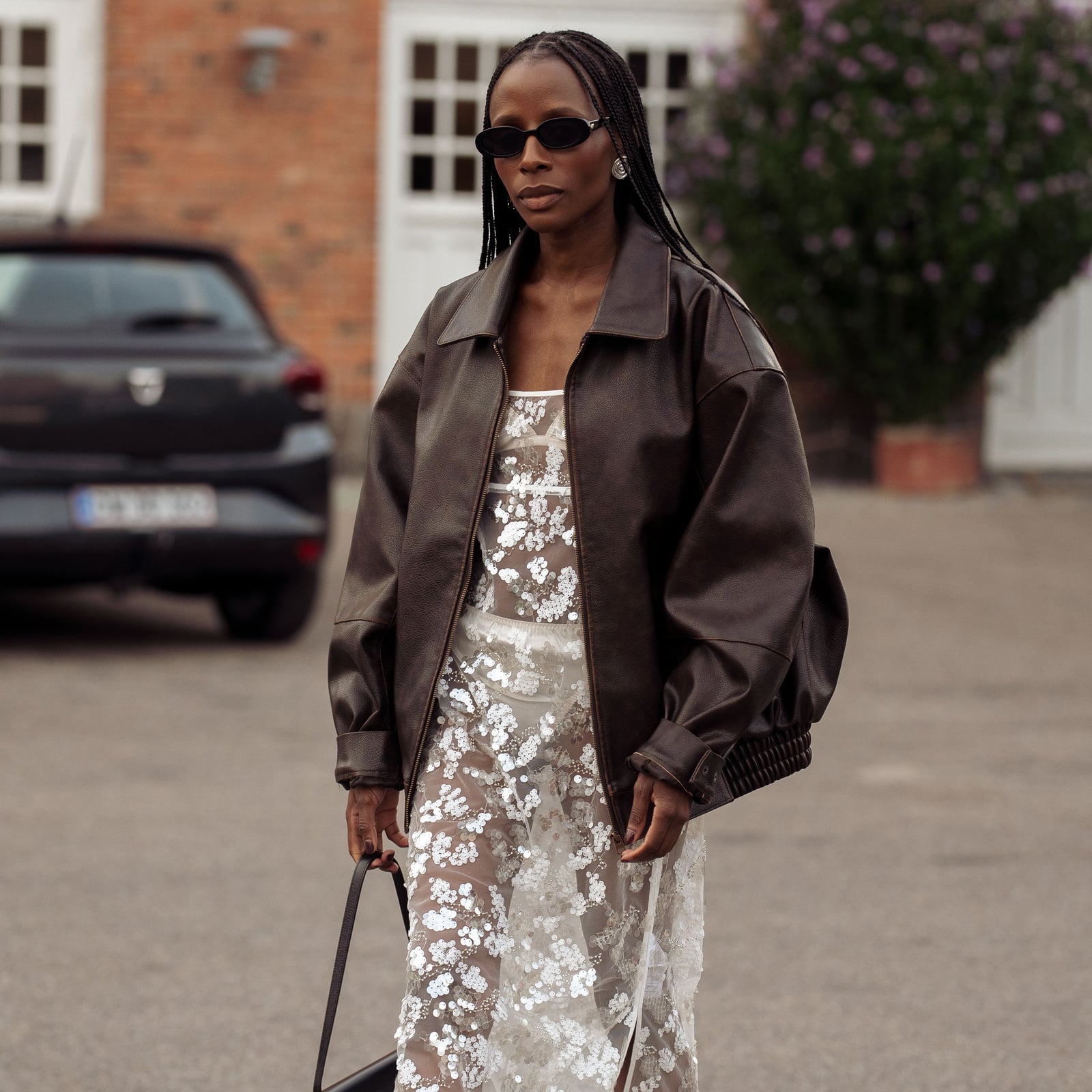 Sequined Sheer Dress Under Leather Jacket Sequined Sheer Dress Under Leather Jacket — Simple Mesh Top Outfits