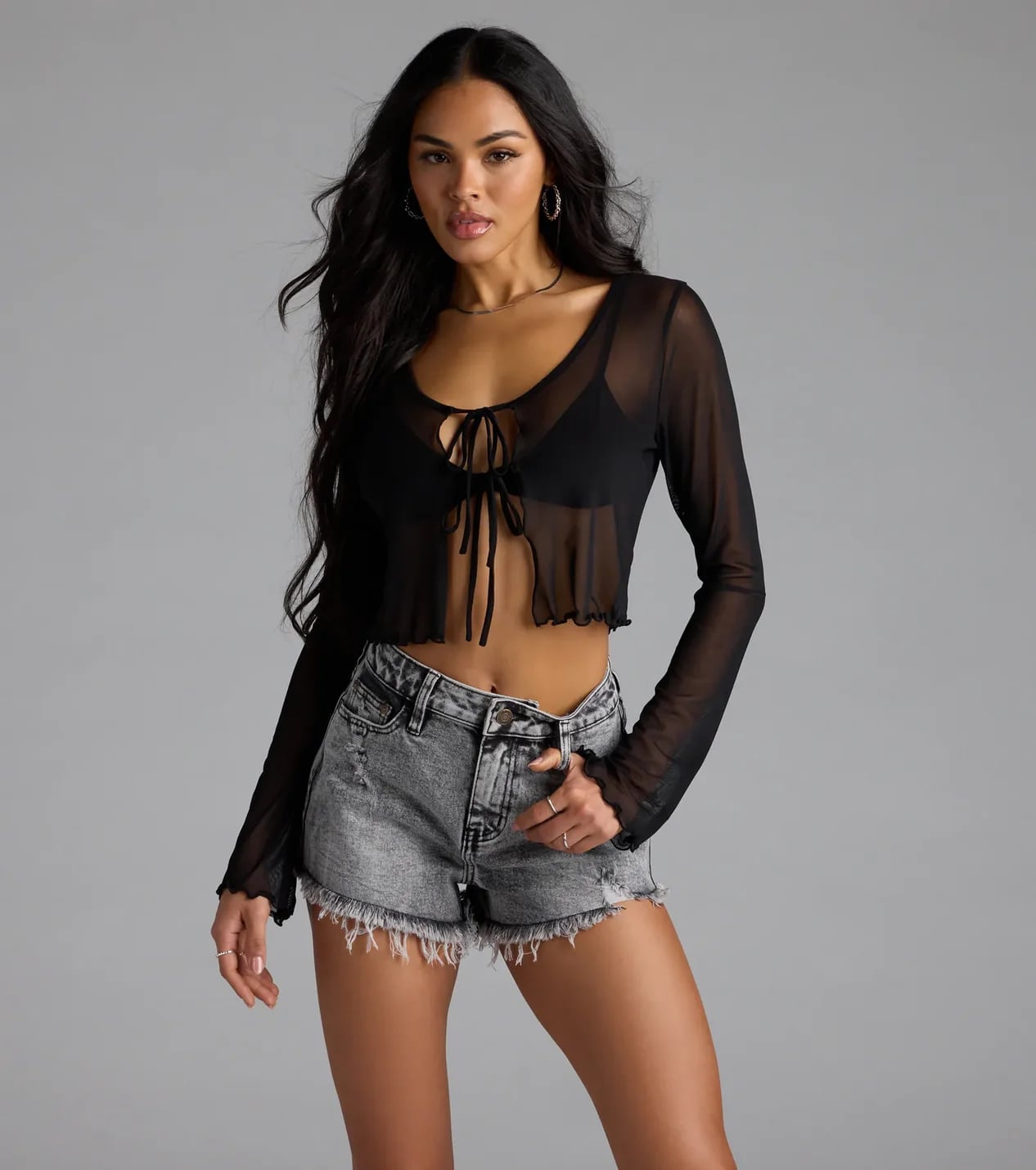 Tie-Front Mesh Top with Distressed Shorts Tie-Front Mesh Top with Distressed Shorts — Simple Mesh Top Outfits