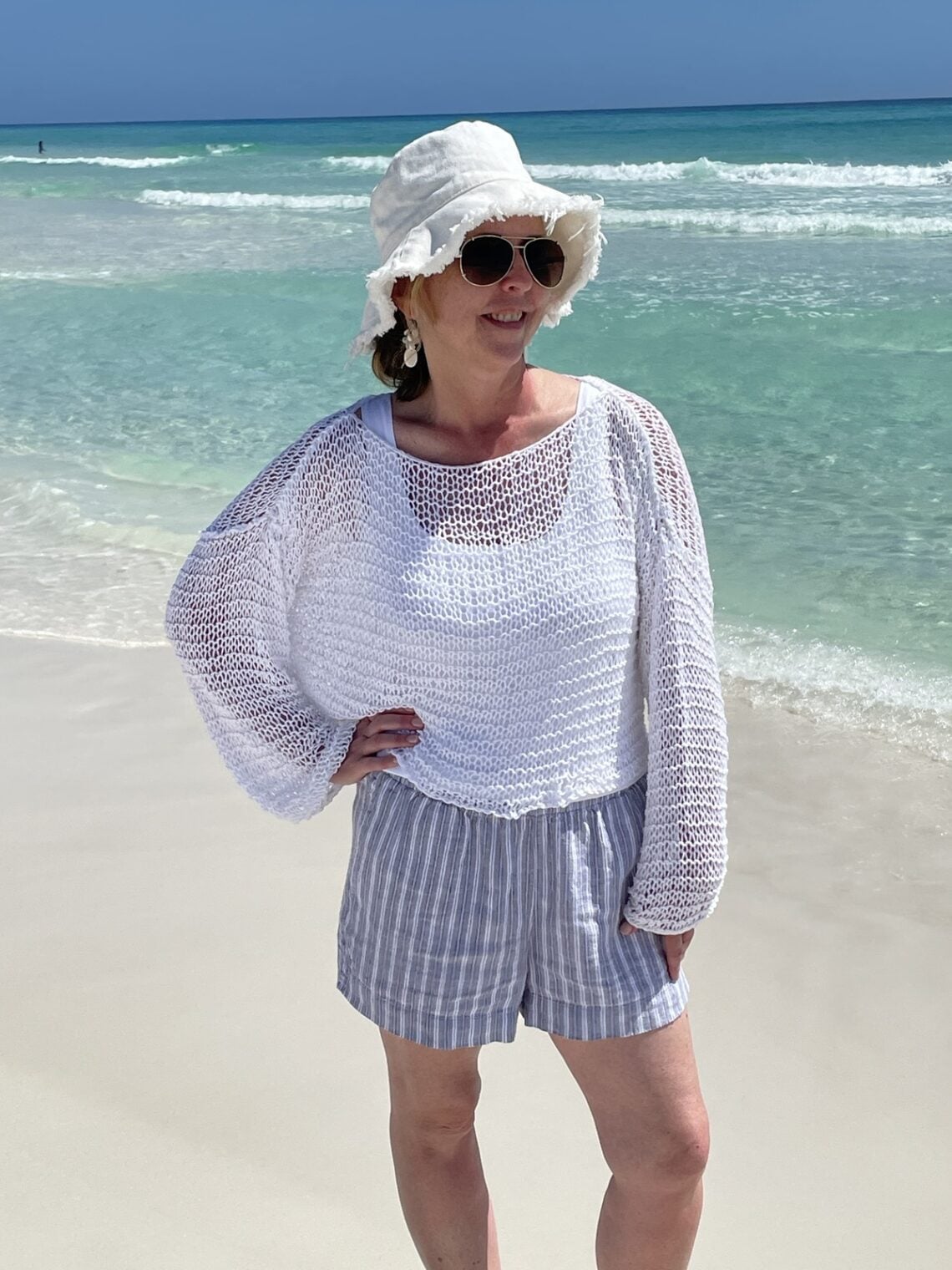 Knit Mesh Sweater with Striped Shorts Knit Mesh Sweater with Striped Shorts — Simple Mesh Top Outfits