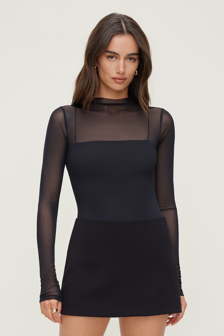 Fitted Mock Neck Mesh Top for Evening Fitted Mock Neck Mesh Top for Evening — Simple Mesh Top Outfits