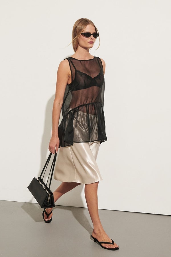 Sleeveless Mesh Top and Satin Slip Skirt Sleeveless Mesh Top and Satin Slip Skirt — Simple Mesh Top Outfits