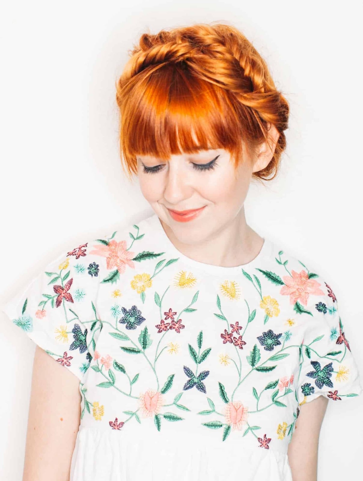 Copper Milkmaid Braid With Blunt Bangs Copper Milkmaid Braid With Blunt Bangs — Simple Messy Braids
