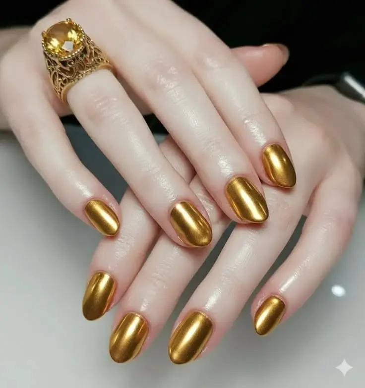 Rich Gold Metallic Short Oval Nails Rich Gold Metallic Short Oval Nails — Simple Metallic Nails