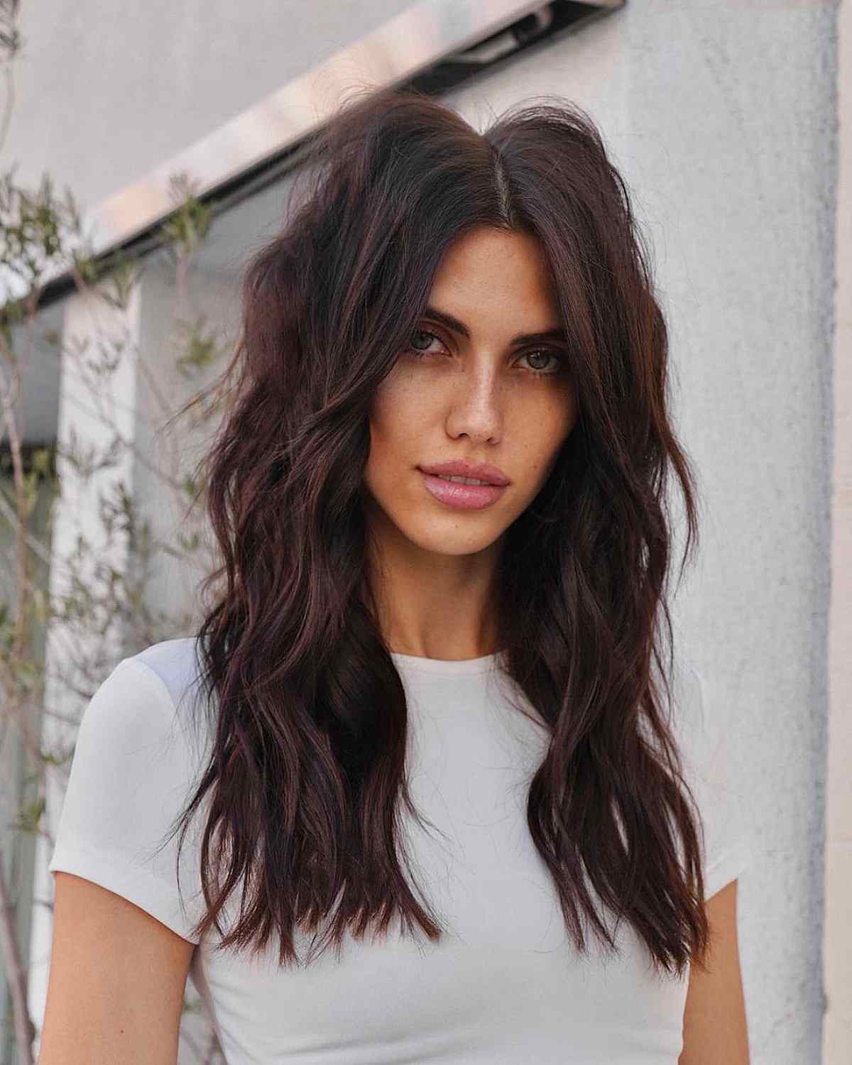 Mid-Back Layers Dark Brown Balayage Mid-Back Layers Dark Brown Balayage — Simple Middle Part Hair