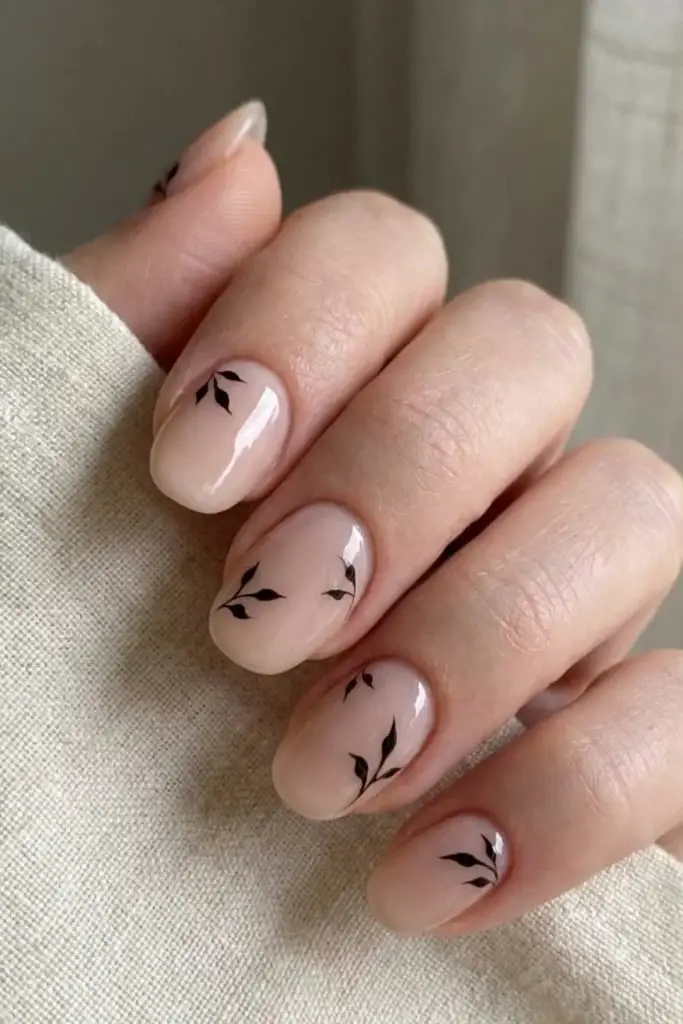 Short Oval Nails With Delicate Leaf Branches — Simple Minimalist Nails