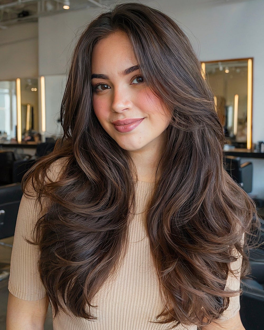 Thick Wavy Mid-Back Hair With Curtain Bangs — Simple Mocha Hair
