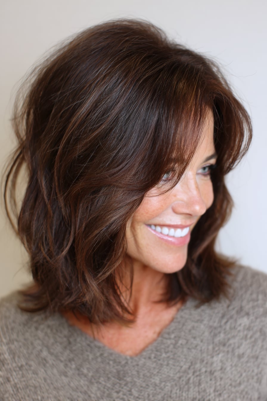 Shoulder Length Shag With Short Bangs — Simple Mocha Hair