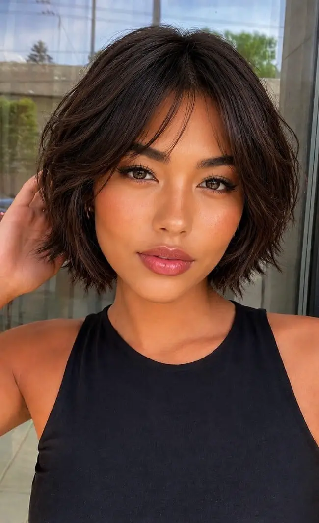 Textured Wavy Bob With Curtain Fringe — Simple Mocha Hair