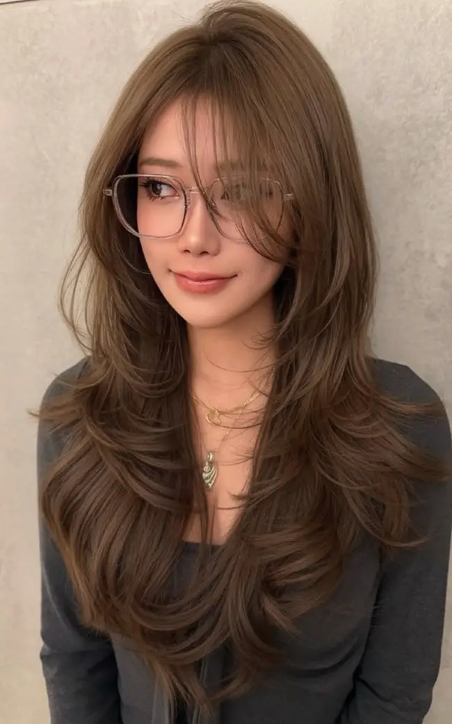 Long Layered Mocha With Wispy Fringe — Simple Mocha Hair