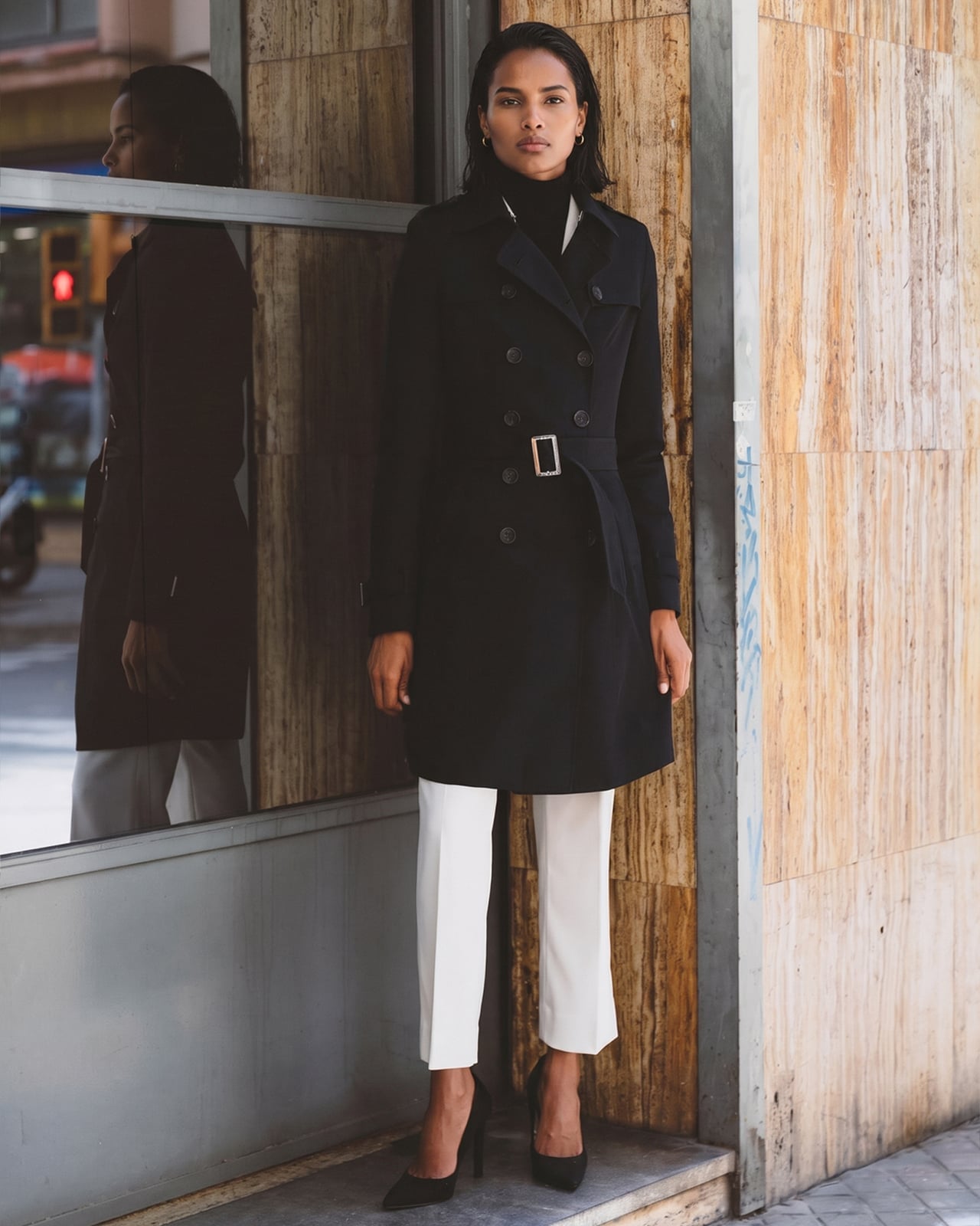 Belted Trench Coat Over White Turtleneck Belted Trench Coat Over White Turtleneck — Simple Money Piece