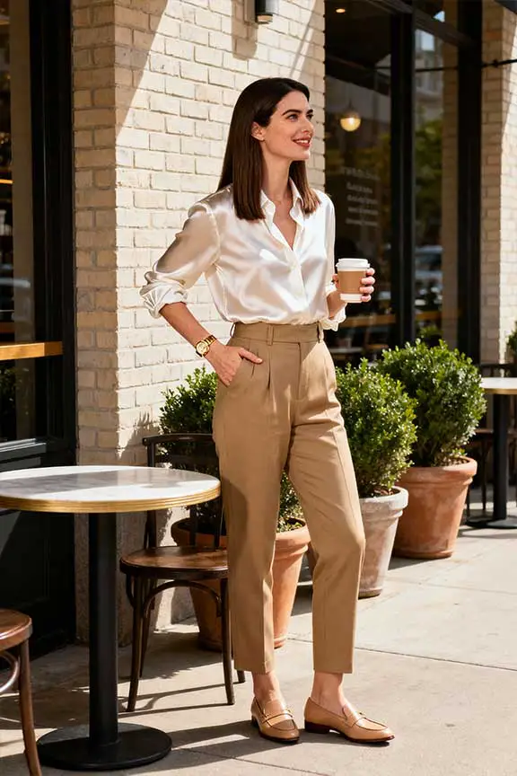 White Silk Blouse With Camel Trousers White Silk Blouse With Camel Trousers — Simple Money Piece