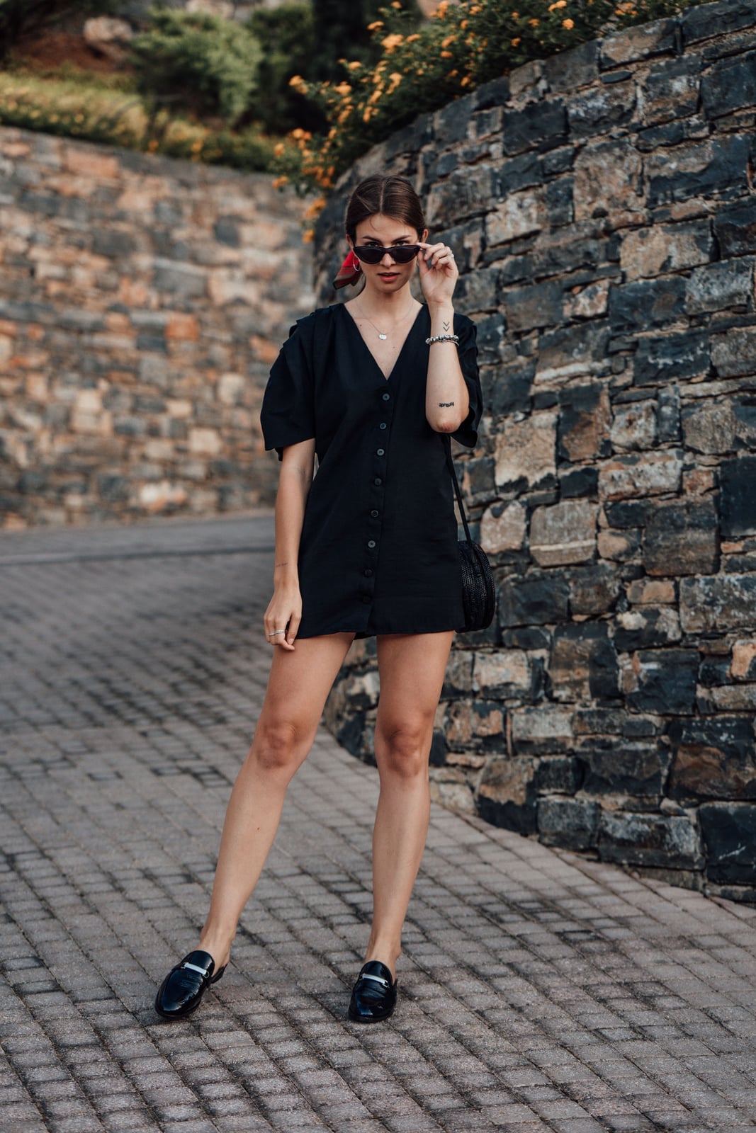 Black Loafers With A Black Button-Down Mini Dress Black Loafers With A Black Button-Down Mini Dress — Simple Mules Outfits