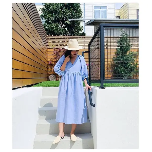 Light Beige Pointed Toe Mules With Puff Sleeve Dress Light Beige Pointed Toe Mules With Puff Sleeve Dress — Simple Mules Outfits