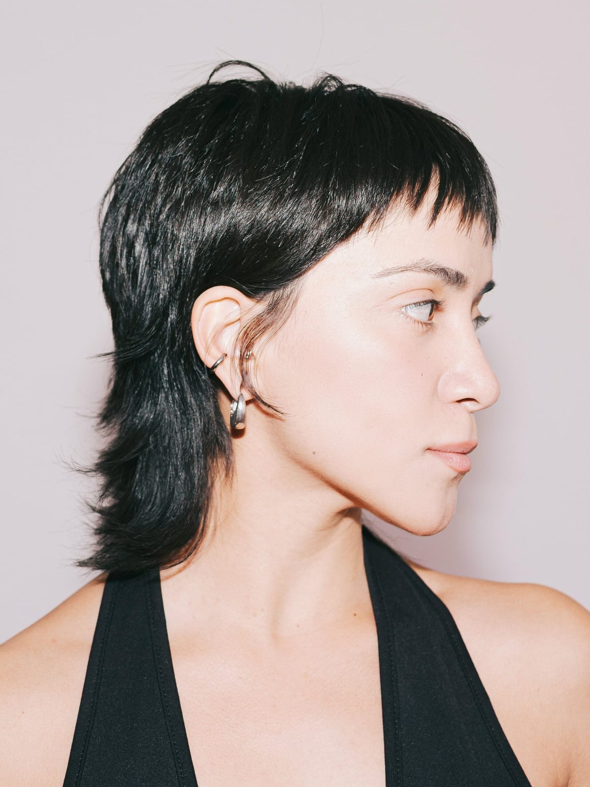 Short Black Mullet With Micro Fringe Layers, Ear — Simple Mullet Hairstyles