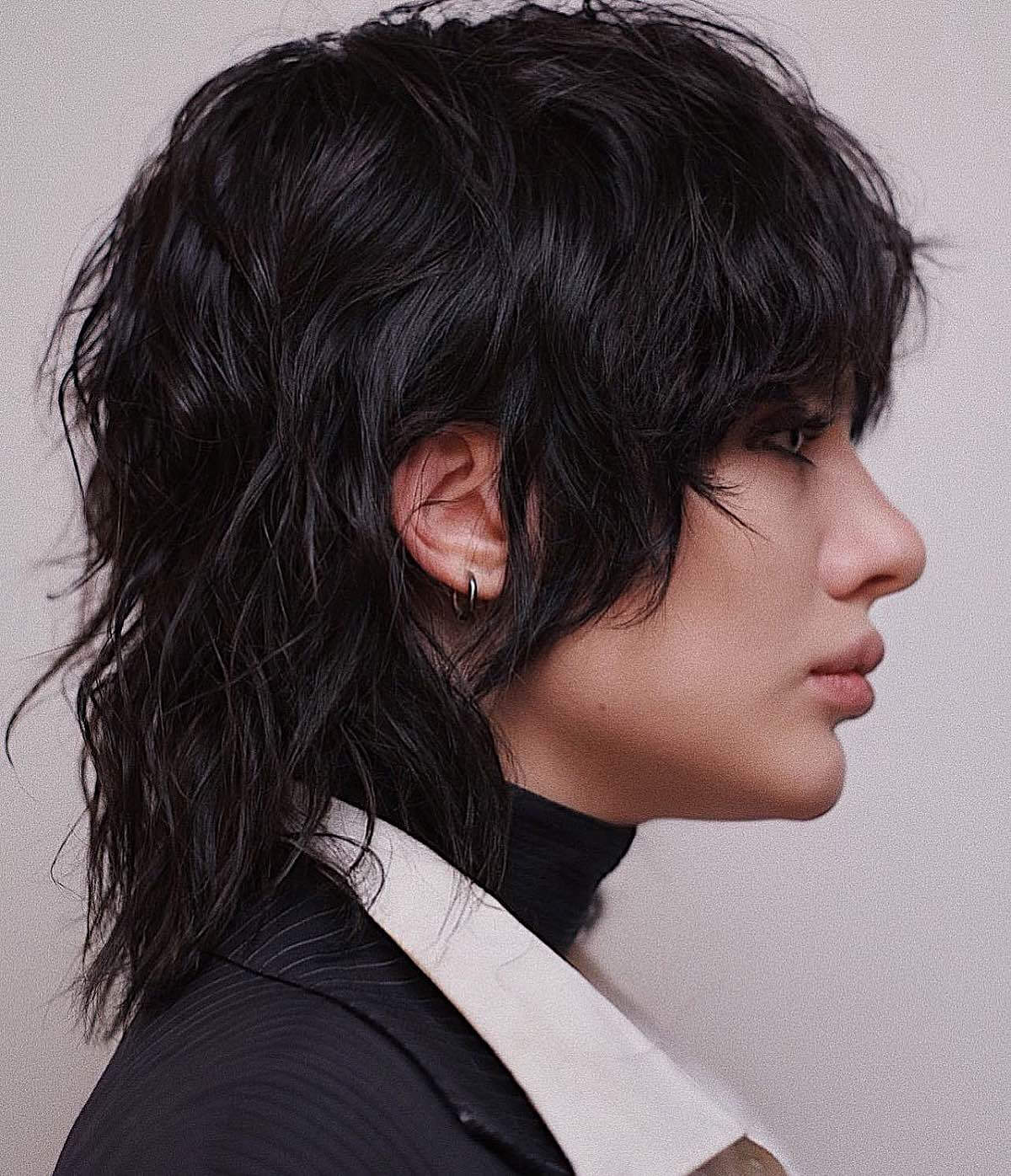 Black Wavy Mullet With Short Fringe, Collarbone — Simple Mullet Hairstyles