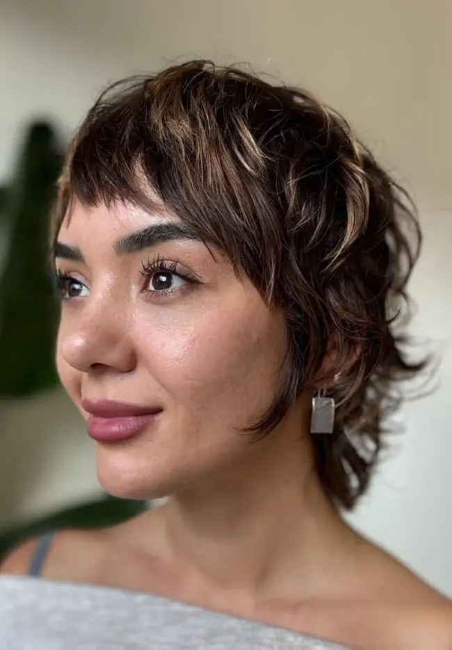 Brown Shaggy Mullet With Micro Bangs, Ear — Simple Mullet Hairstyles