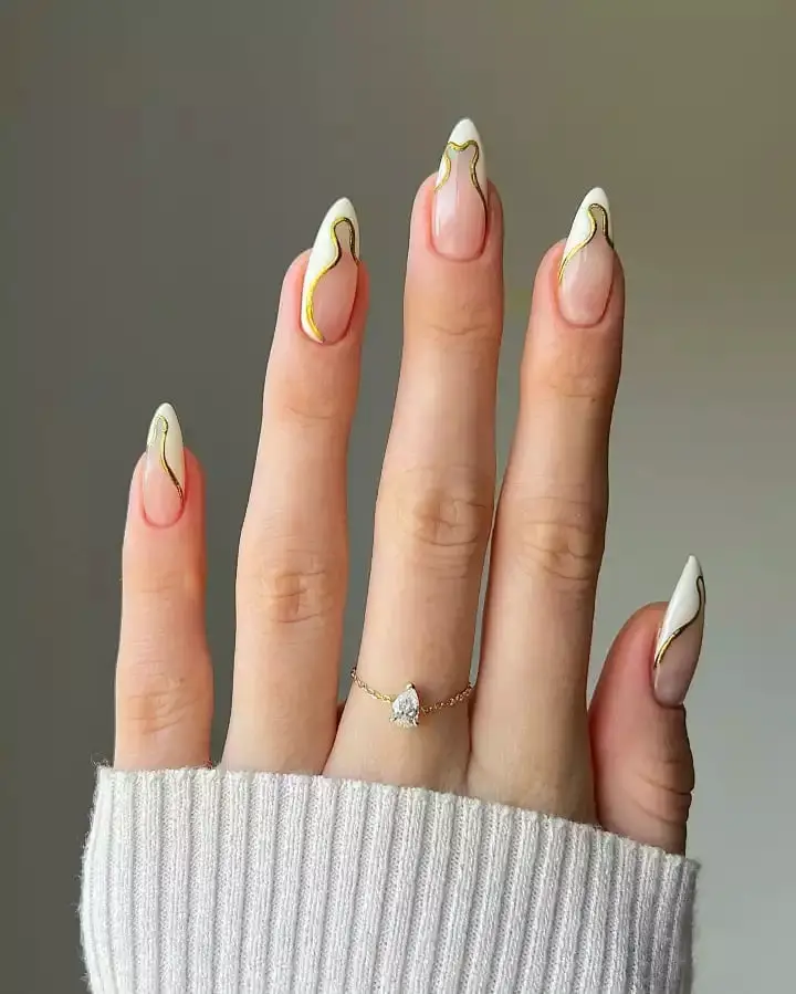 Long Stiletto White French Tips With Gold Lines Long Stiletto White French Tips With Gold Lines — Simple Nail Art Inspo