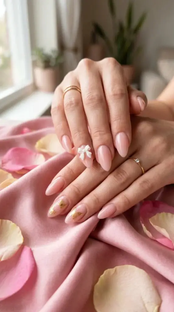 Long Almond Milky Pink With 3D Bow and Butterflies Long Almond Milky Pink With 3D Bow and Butterflies — Simple Nail Art Inspo