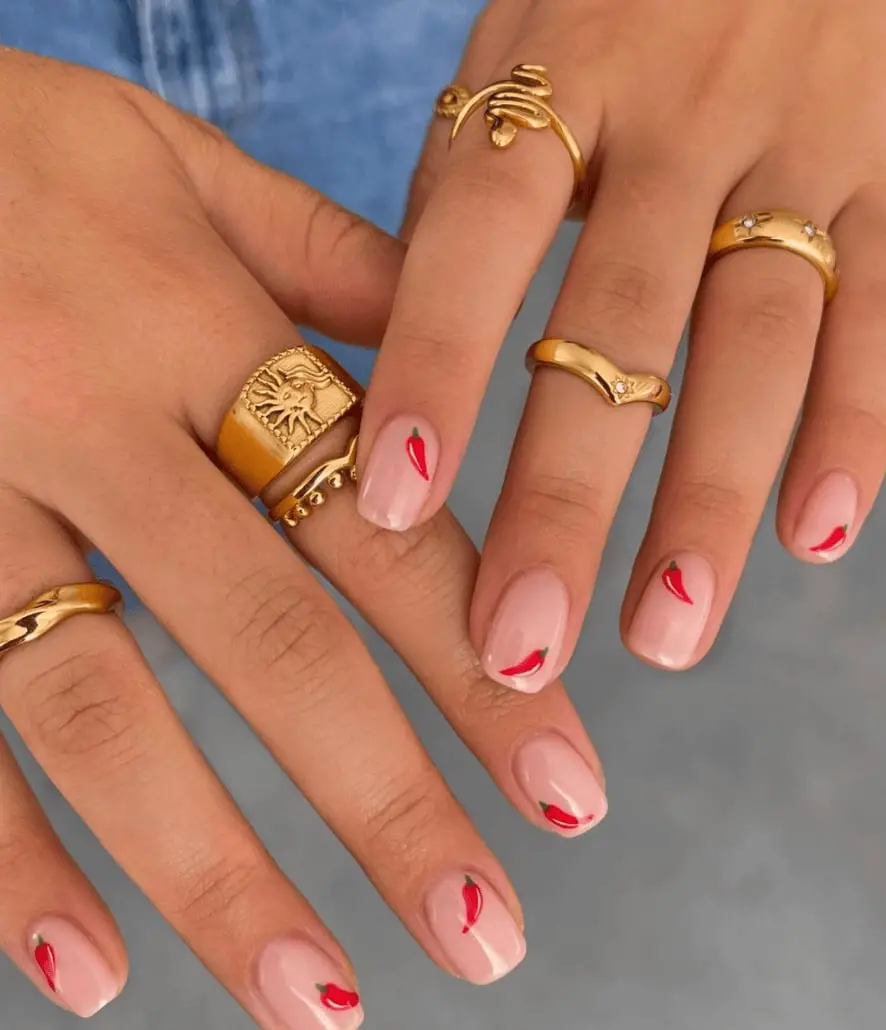 Short Oval Nude With Chili Pepper Art Short Oval Nude With Chili Pepper Art — Simple Nail Art Inspo