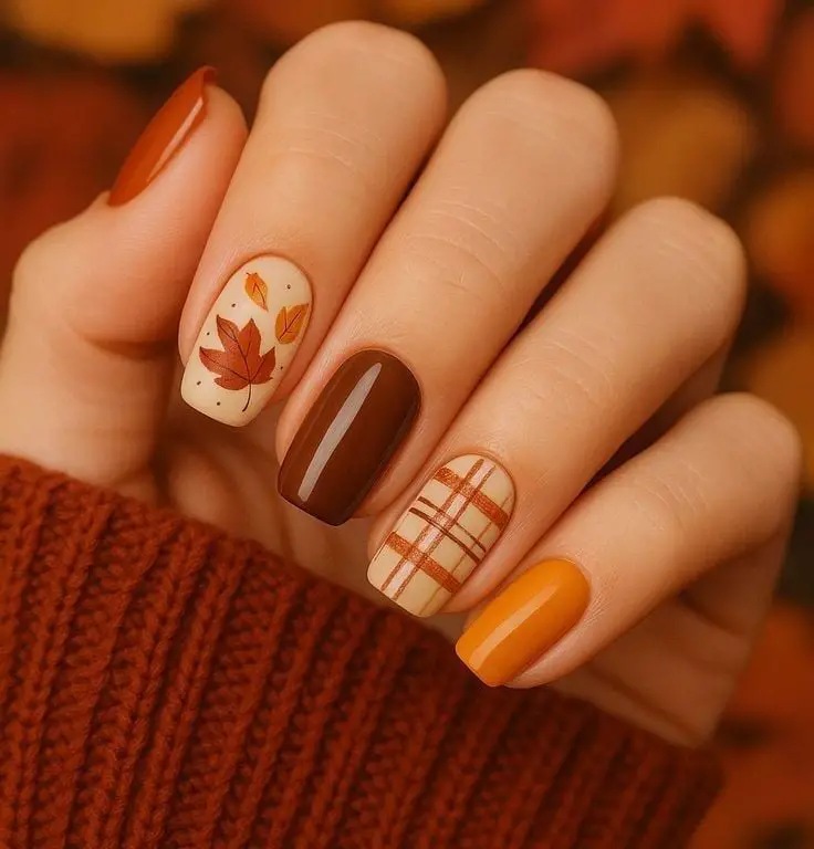 Short Square Fall Themed Plaid and Leaves, Close-Up Take Short Square Fall Themed Plaid and Leaves, Close-Up Take — Simple Nail Art Inspo