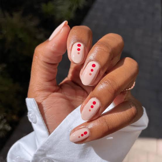 Short Oval Nails With Red Dot Accents Short Oval Nails With Red Dot Accents — Simple Nail Art Inspo