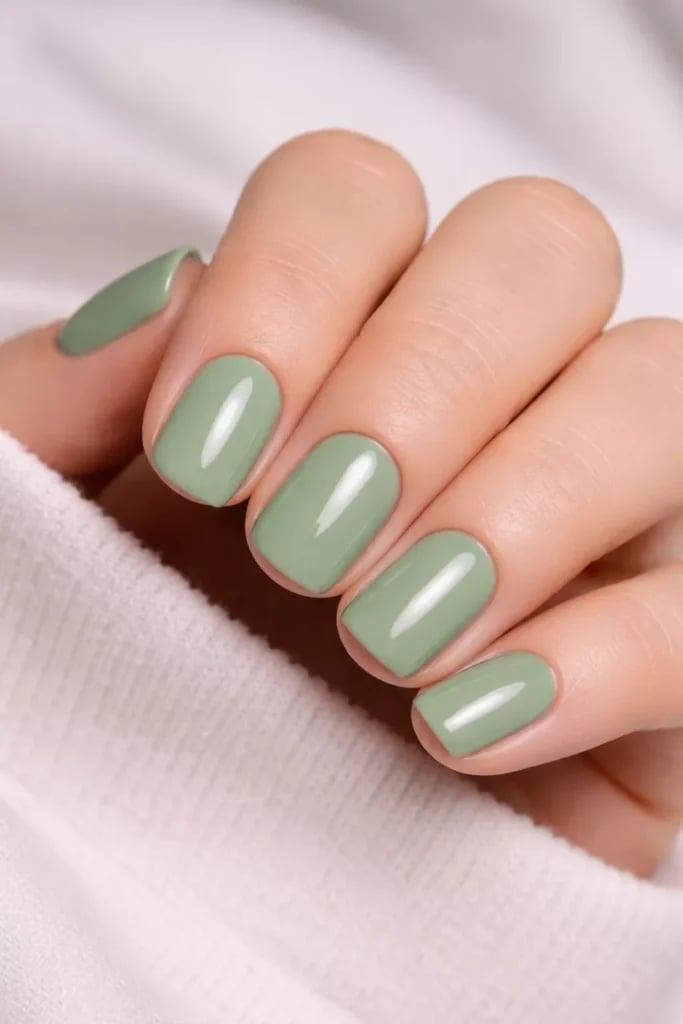 Muted Green Glossy Short Oval Nails — Simple Nail Colors