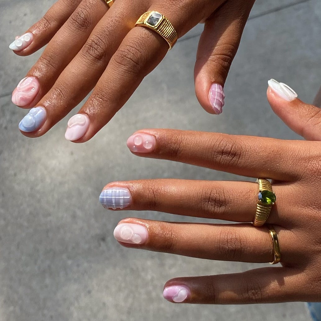 Short Almond 3D Bubble Plaid Mix Short Almond 3D Bubble Plaid Mix — Simple Nails Almond Inspo
