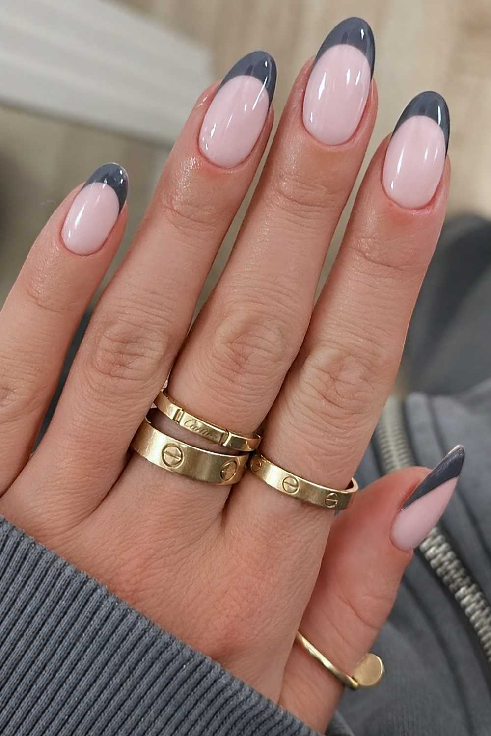 Pink Nude Base Bold Gray French Almonds Pink Nude Base Bold Gray French Almonds — Simple Nails Almond Inspo