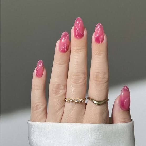 Bright Pink White Marble Almond Nails Bright Pink White Marble Almond Nails — Simple Nails Almond Inspo