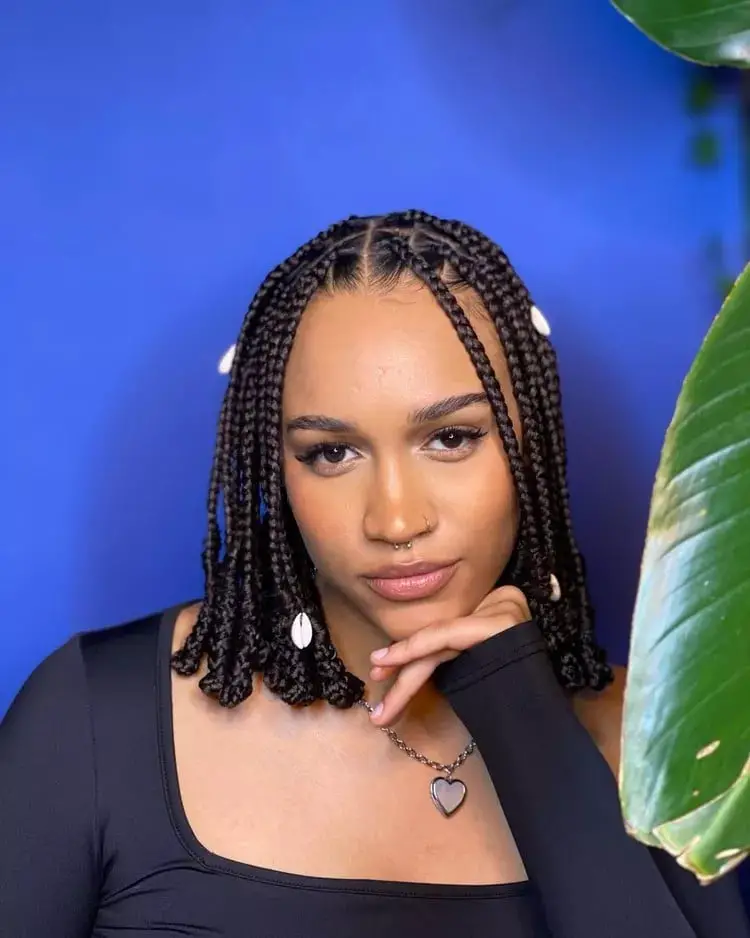 Collarbone Box Braids With Cowrie Shell Beads Collarbone Box Braids With Cowrie Shell Beads — Simple Natural Braids
