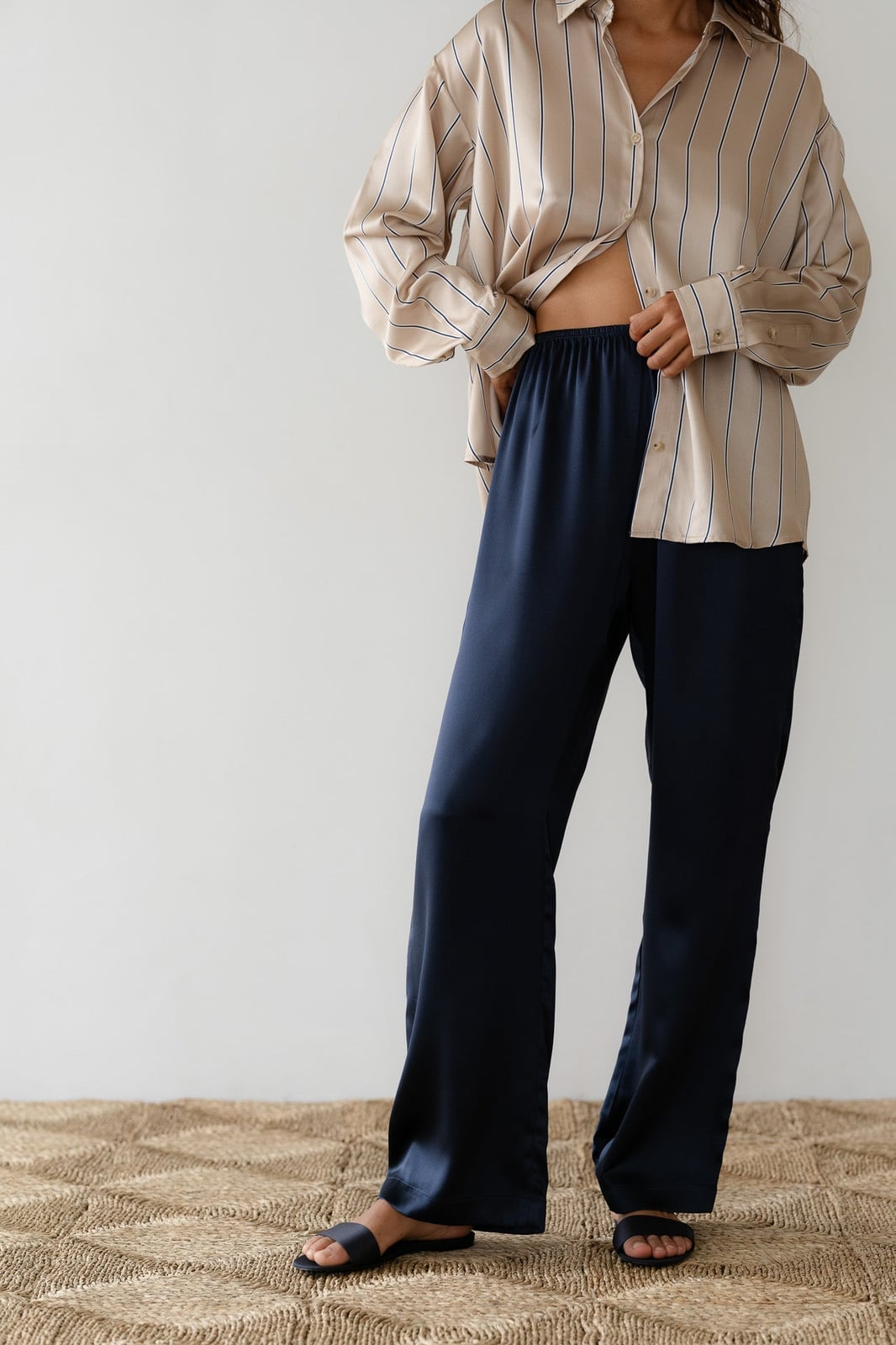 Silk Wide Leg Trousers With a Striped Shirt Silk Wide Leg Trousers With a Striped Shirt — Simple Navy Blue Pants Outfits