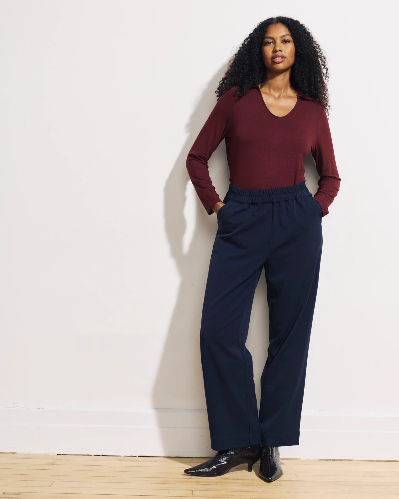 Navy Trousers With a Burgundy Collared Top Navy Trousers With a Burgundy Collared Top — Simple Navy Blue Pants Outfits