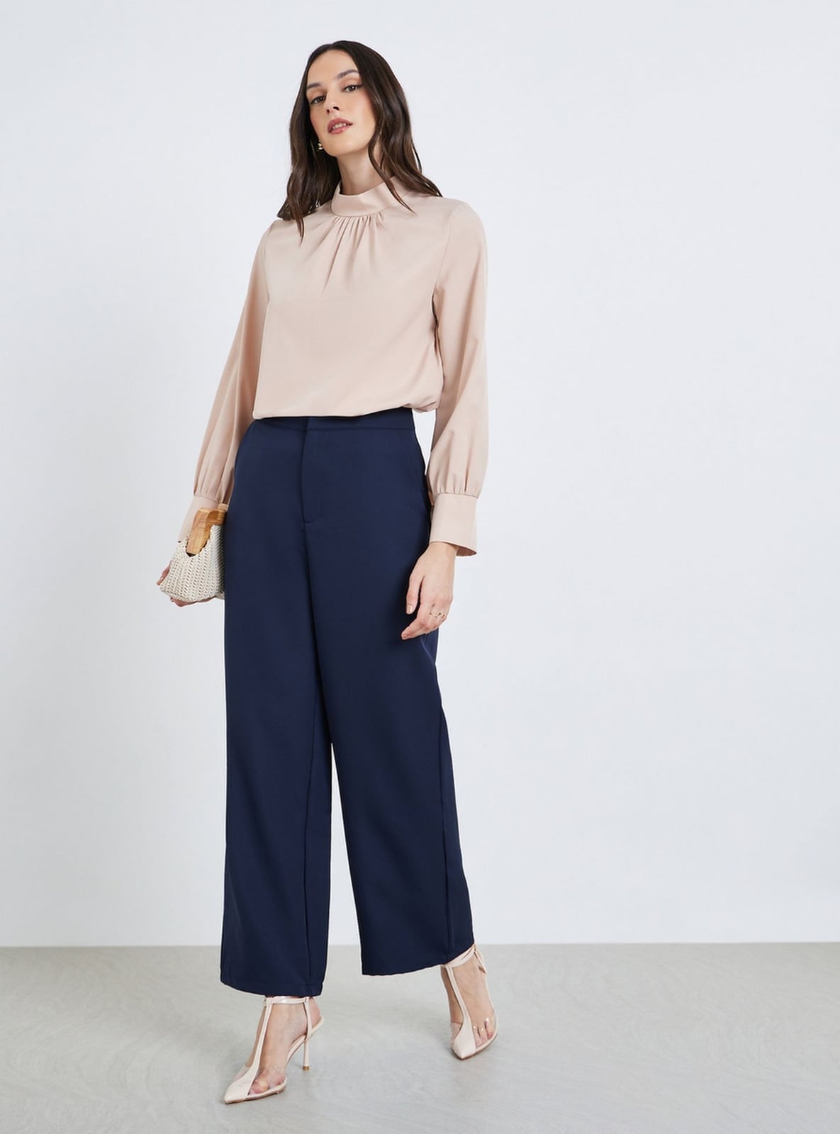 Wide Leg Trousers With a Pink High-Neck Blouse Wide Leg Trousers With a Pink High-Neck Blouse — Simple Navy Blue Pants Outfits