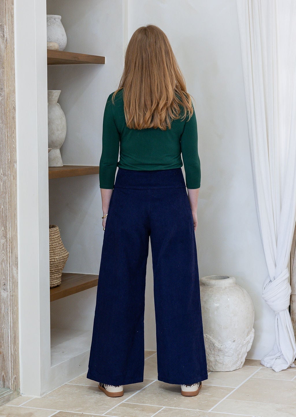 Corduroy Pants With a Green Top and Espadrilles Corduroy Pants With a Green Top and Espadrilles — Simple Navy Blue Pants Outfits
