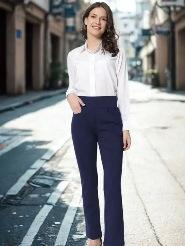 High-waisted Navy Trousers with a White Button-Up Shirt — Simple Navy Pants Outfits