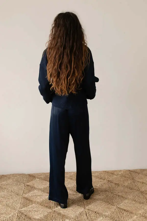Navy Satin Wide-Leg Trousers with a Knit Sweater — Simple Navy Pants Outfits