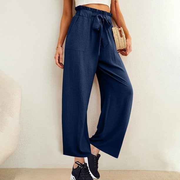 Navy Paperbag Waist Trousers with a White Crop Top — Simple Navy Pants Outfits