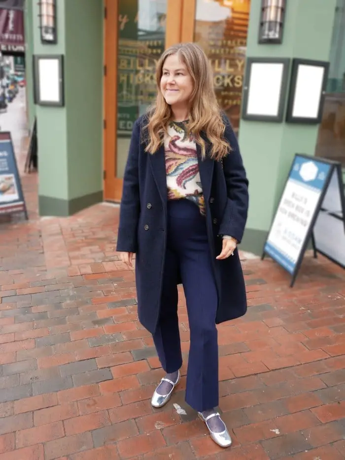 Navy Wide-Leg Trousers with a Double-Breasted Coat — Simple Navy Pants Outfits